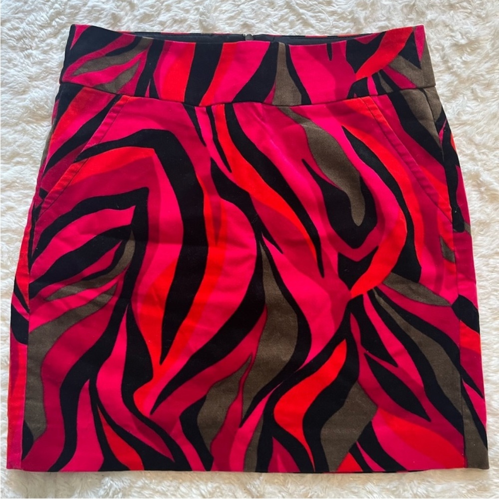 Womens Trina Turk Mini Skirt Size 00 Pink Red Black Mod Stripe Velvet Retro BOHO